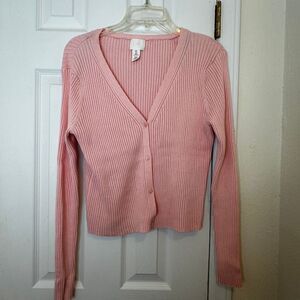 HM Pink Ribbed Knit V-Neck Button Down Cardigan Sweater Womens Large